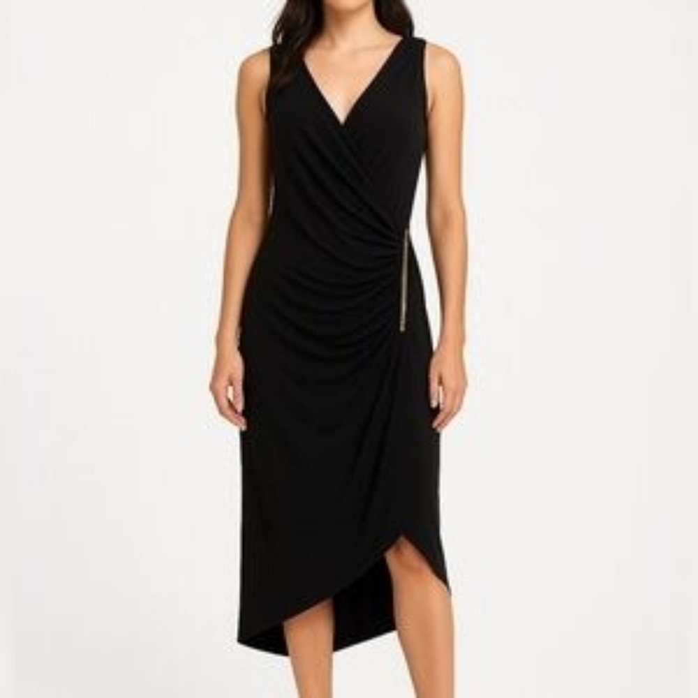 Michael Kors Asymmetric Midi Dress Gold Zipper Sleeveless Black Size Medium
